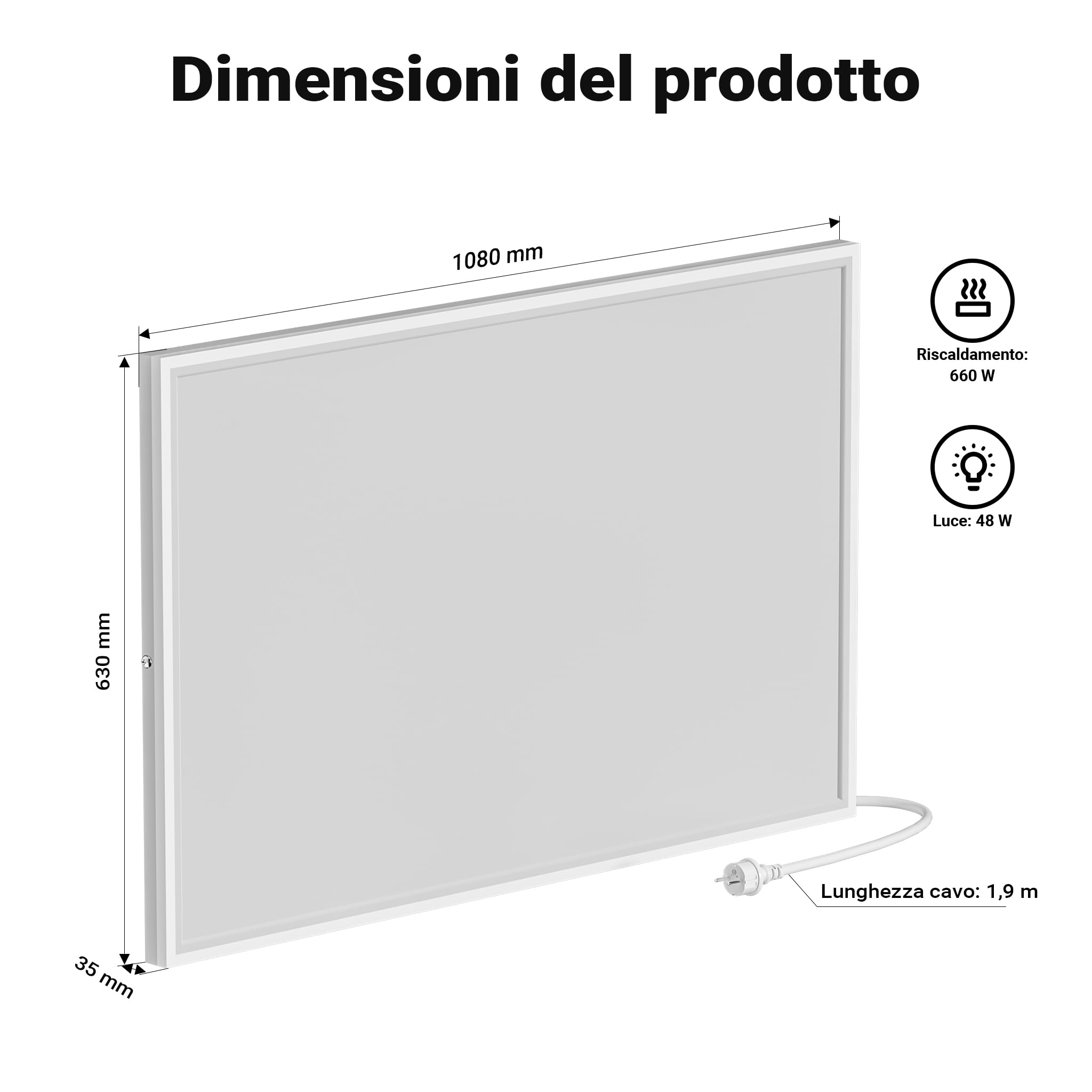 Wiltec Riscaldamento a soffitto 370 W, pannello per riscaldamento a infrarossi con luce LED e termostato, 65,5 x 63 x 3,5 cm
