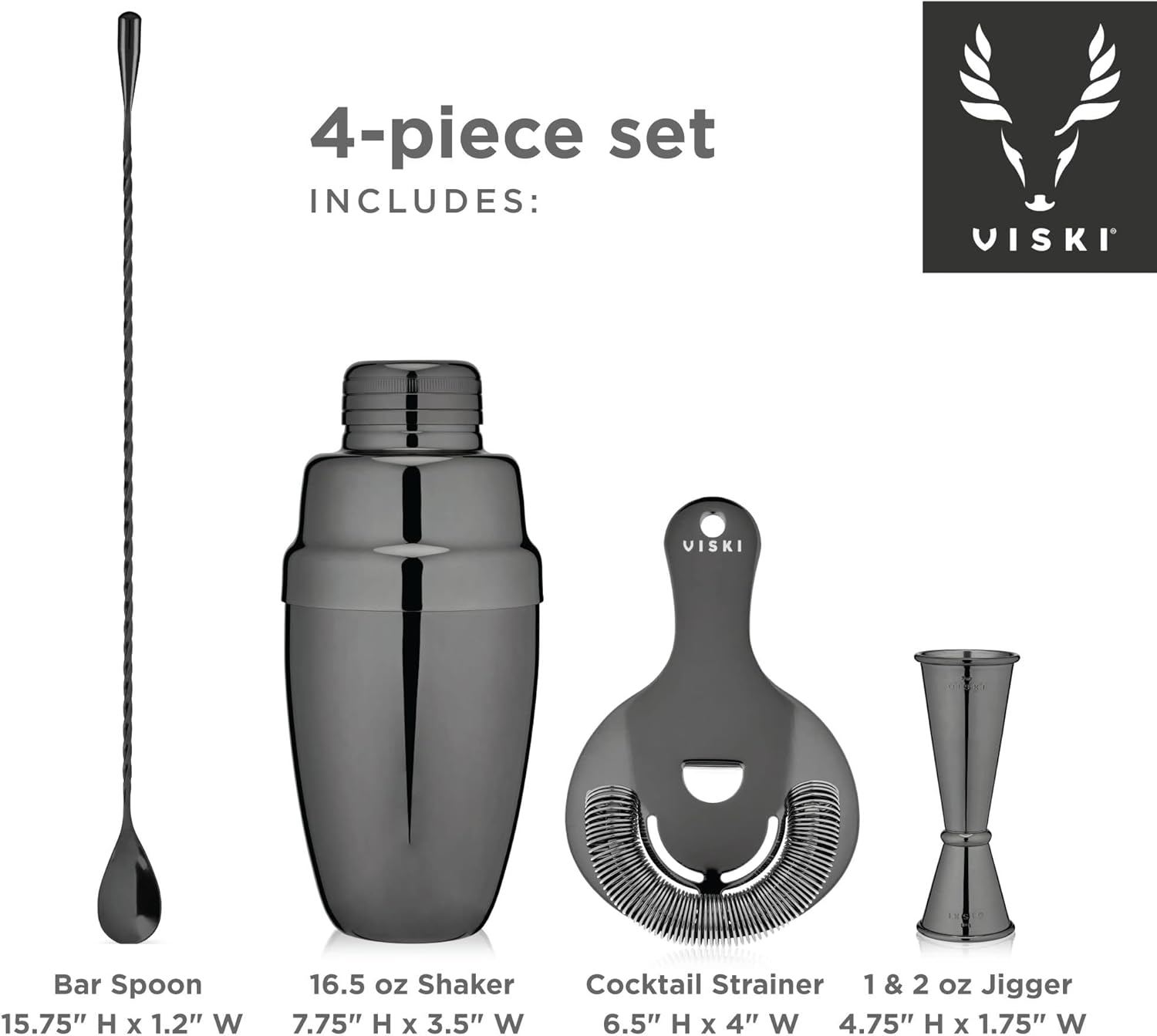 Viski Gunmetal Bartender Kit Includes Cocktail Shaker, Strainer, Jigger, Bar Spoon for Classic Cocktails, Mixed Drinks, Cold Brew, Home Bar Tools, Bartender Gifts, Bar Cart Accessories, 4-Piece, Black