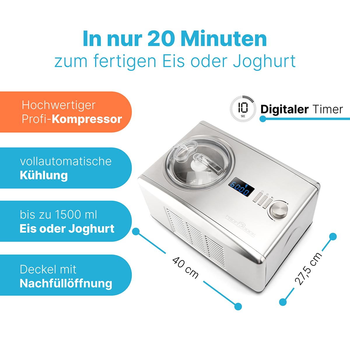 ProfiCook® Eismaschine & Jogurtbereiter in Einem | Eis in 20 min. | für bis zu 1500ml | Eismaschine mit Kompressor | für Eis & Frozen Joghurt | Inkl. Rezepte, Eisspachtel & Messbecher | PC ICM 1091 N