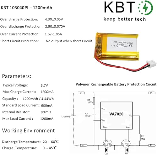 Miniatura 6 de Batería de polímero de litio KBT 3.7V 1200mAh 103040 Baterías de repuesto de iones de litio recargables Lipo con conector JST PH 2.54, conector