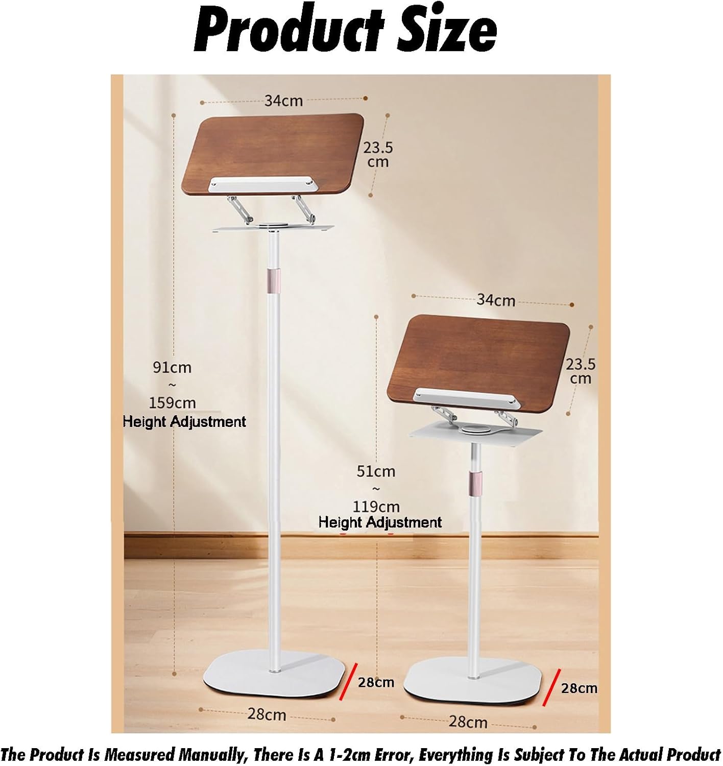 Floor Book Stand,2 in 1 Dual-use and Desktop,Adjustable Height 51-119/91-159cm for Cookbooks Sheet Music Laptop(Black,28x28x51-119cm)