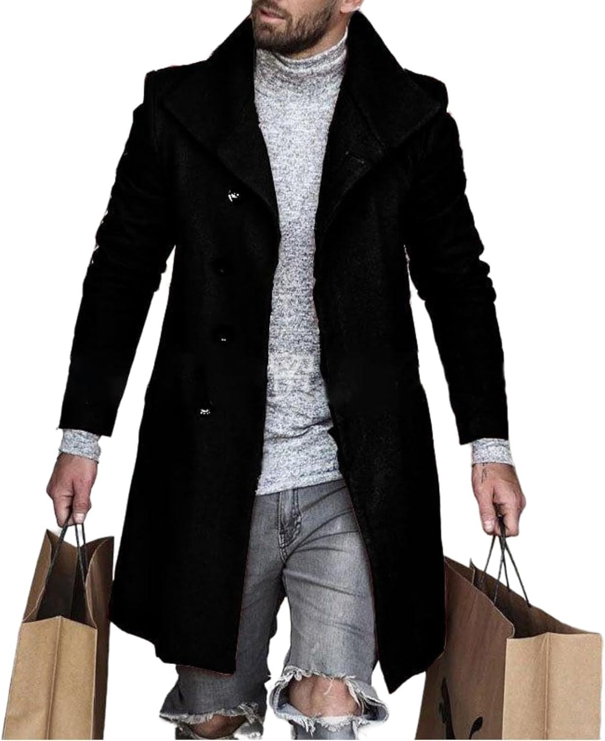 BIVENANT Mens Plaid Splicing Long Trench Peacoat Loose Warm Wool Jacket Classic Lapel Coat Winter Overcoat Single Breasted