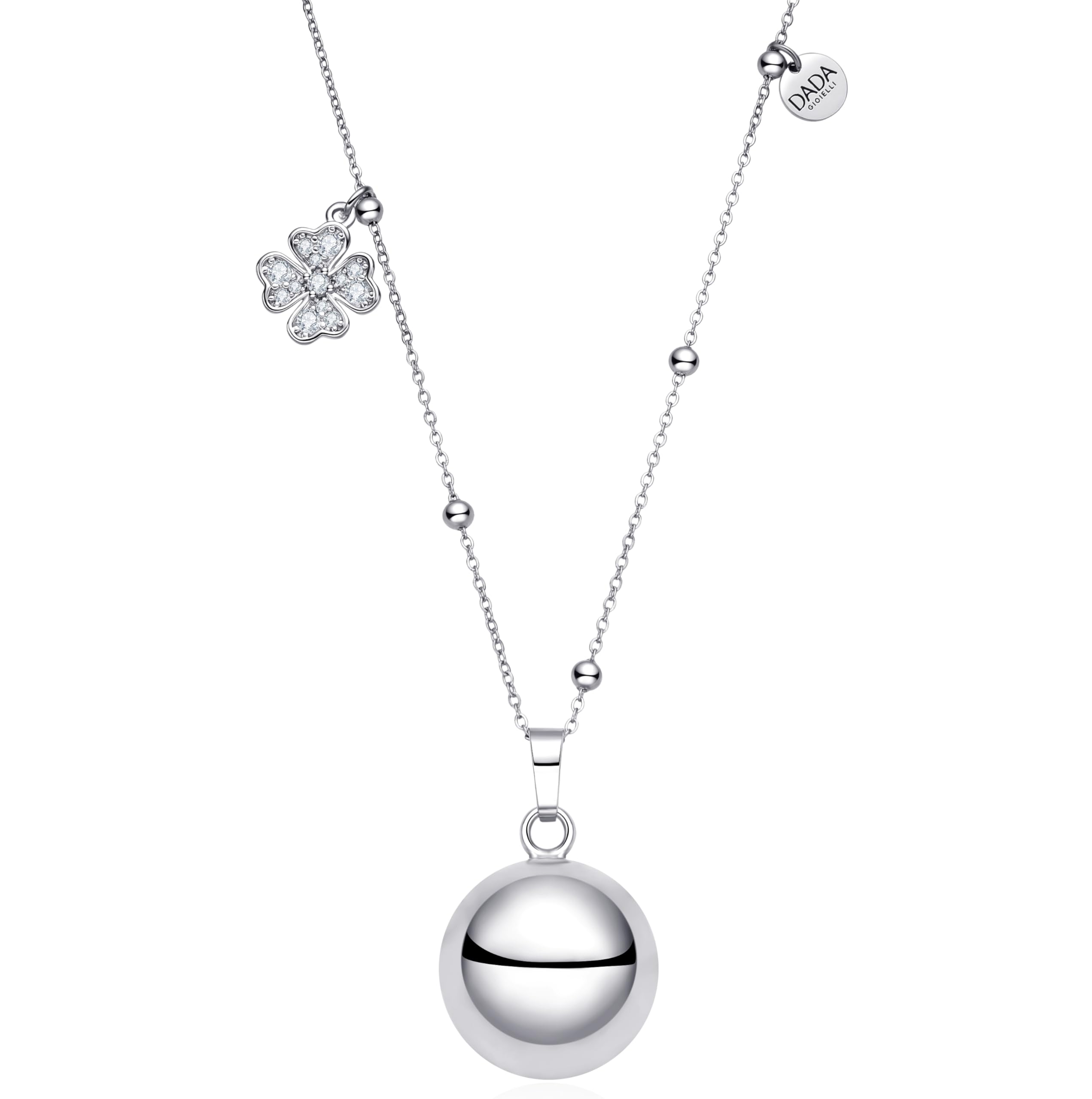 Dada Gioielli - Collana Chiama Angeli Gravidanza – Gioiello Sonoro per Mamme in Attesa - Piedino Bebè, Quadrifoglio, Cuore, Orsetto, Ciuccio, Zirconi. 110 cm Acciaio Anallergico