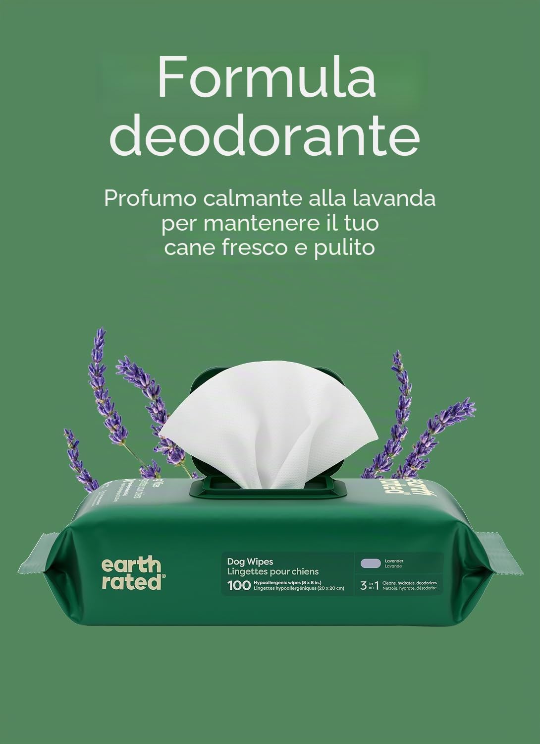 Earth Rated Salviette ipoallergeniche per Cani, puliscono ed eliminano Gli odori da Zampe, Corpo e Sedere, profumati alla Lavanda, 100 Pezzi