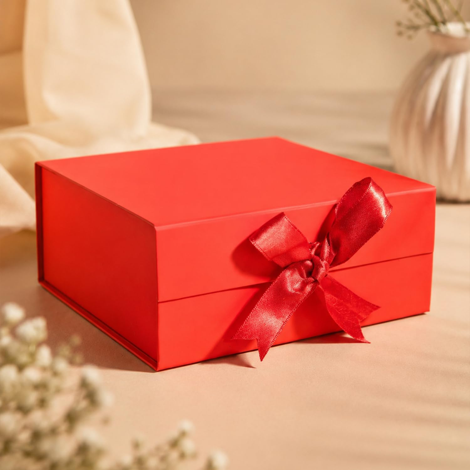 Kura by Ekhasa Foldable Large Multipurpose Gift Hamper Box (21.5 x 21 x 9.5 cm) with Magnetic Closure & Ribbon | Red Rigid Cardboard Empty Reusable Packing Box | Birthday, Wedding & Festive Gifting