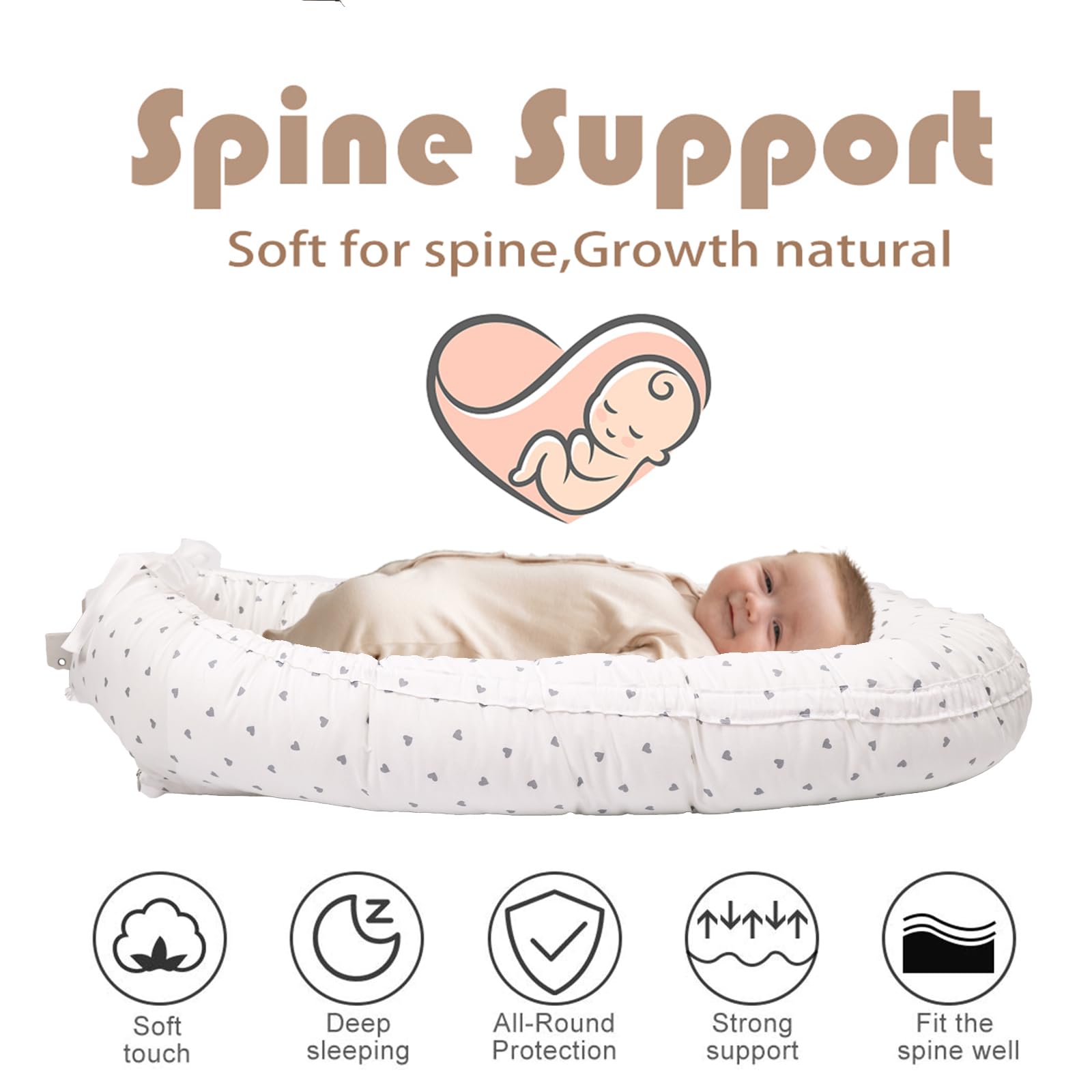 EAQ Baby Lounger Baby Nest for Co Sleeping Baby Bassinet Soft Breathable Perfect for Newborn Gift 100% Cotton Napping or Traveling for 0-12 Months (White-Grey) - Image 3