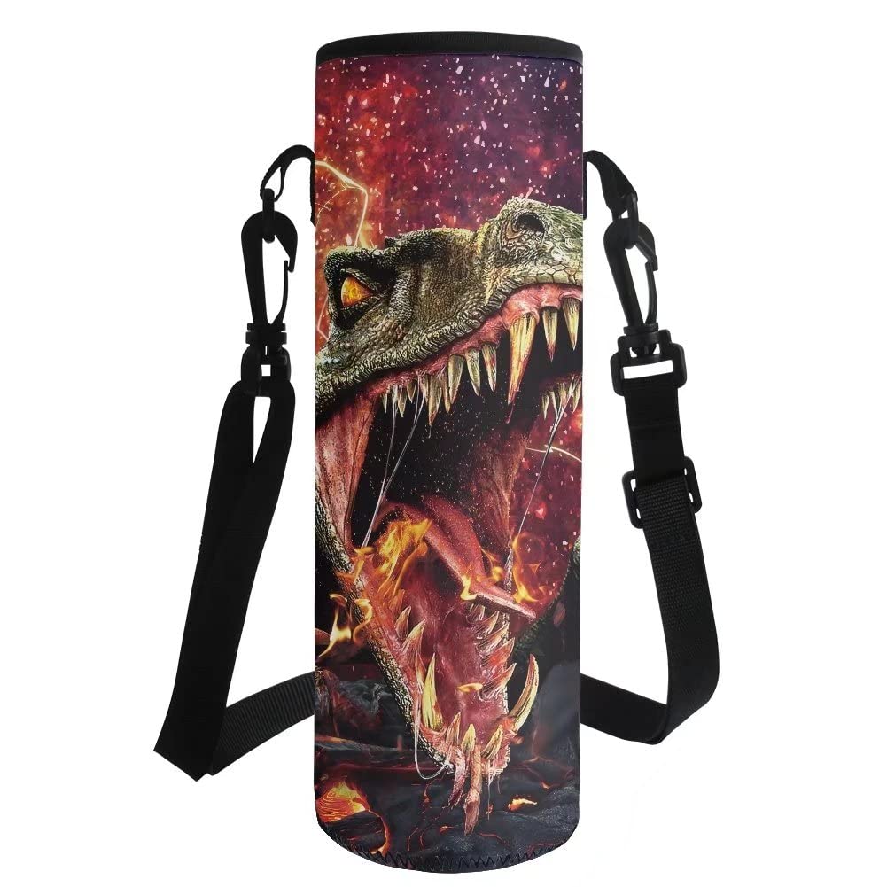 HUGS IDEA T-rex Dinosaur 3D Printed Water Bottle Bag, Neoprene Insulated Bottle Carrier Pouch with Shoulder Strap — image 1