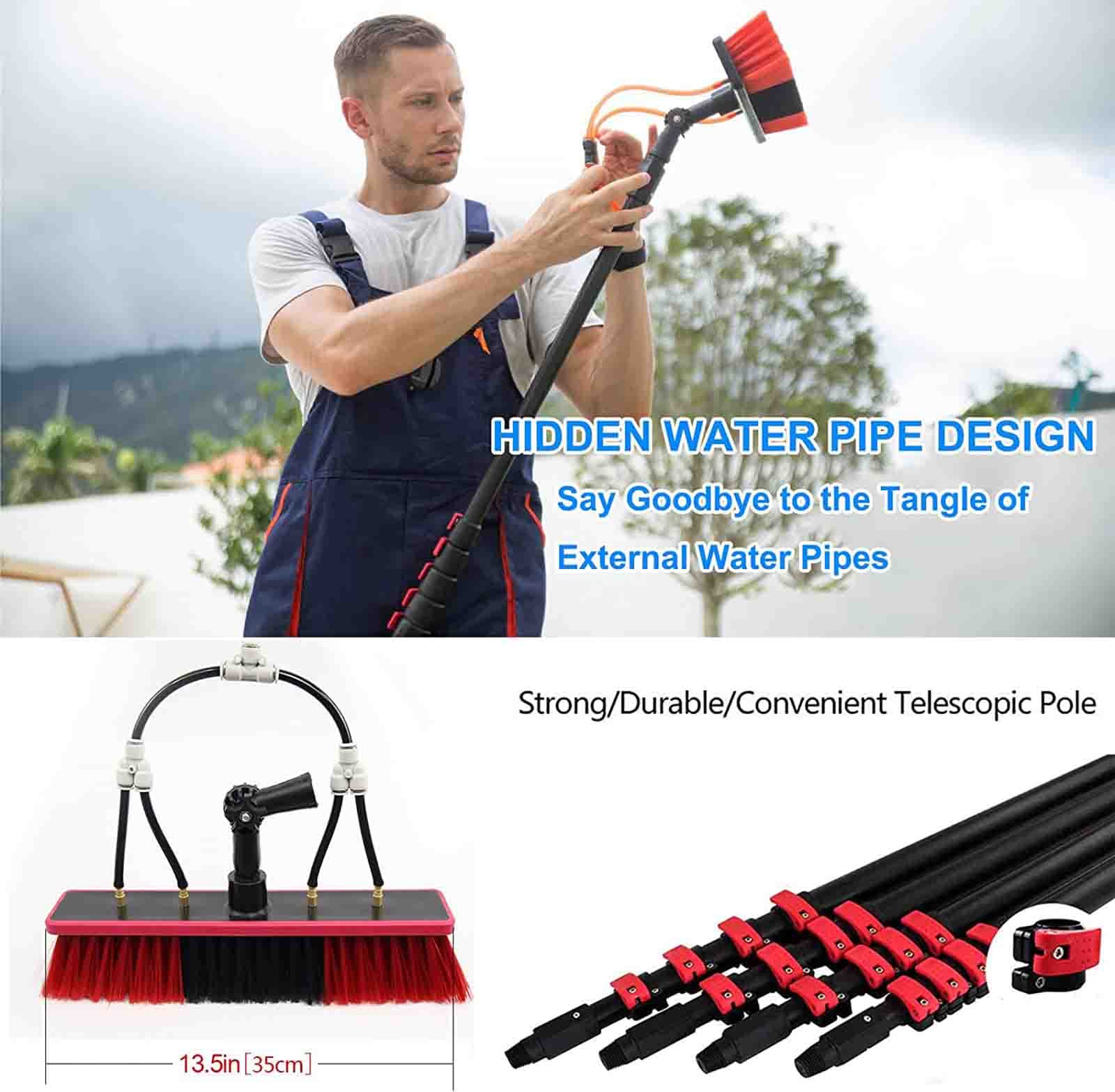 Kit telescópico de limpieza de ventanas con suministro de agua, cepillo extensible y escobilla de goma, limpiador de paneles solares, alcance de 7,2 m, ideal para techos y superficies exteriores