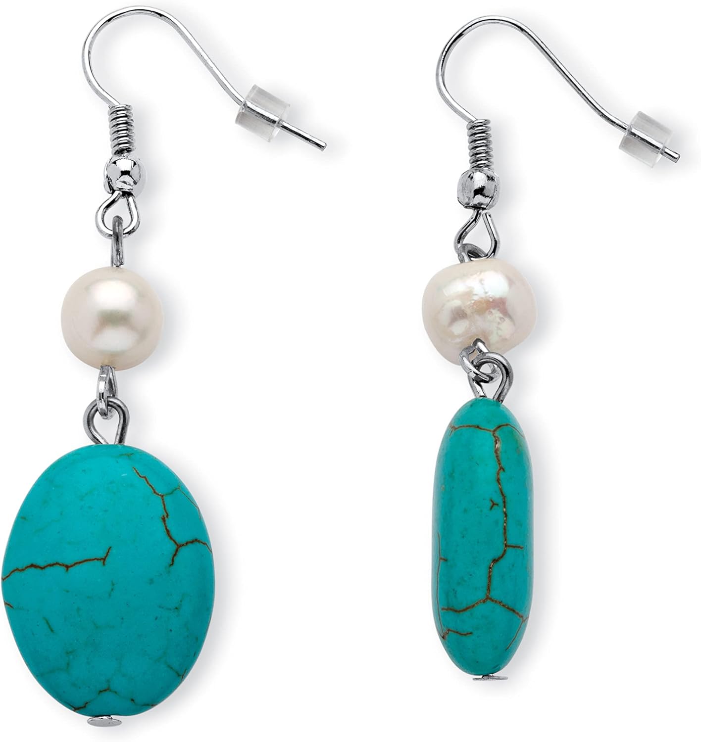 PalmBeach Silvertone Cultured Freshwater Pearl and Genuine Green Turquoise Necklace and Earring Set, 17 inches plus extension
