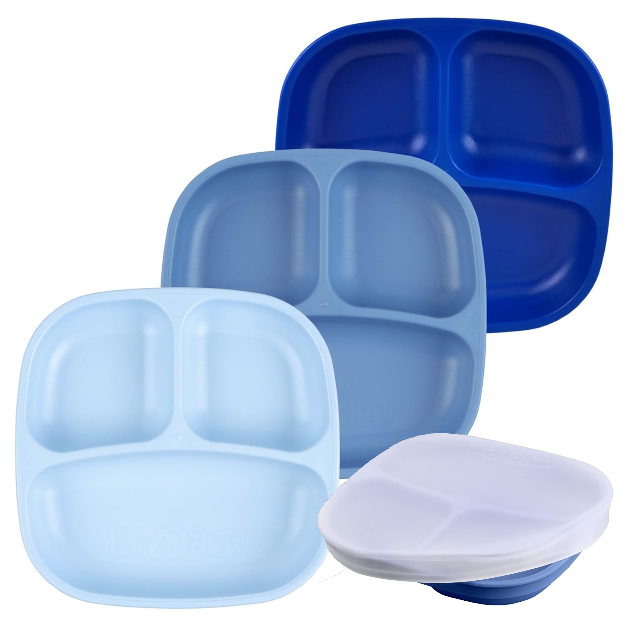 Re-Play Divided Toddler Plates Set of 3 - Deep-Walled 3 Compartment Kids Plates for Picky Eaters - Dishwasher &amp; Microwave Safe - BPA-Free - Made in USA, Cool Blues