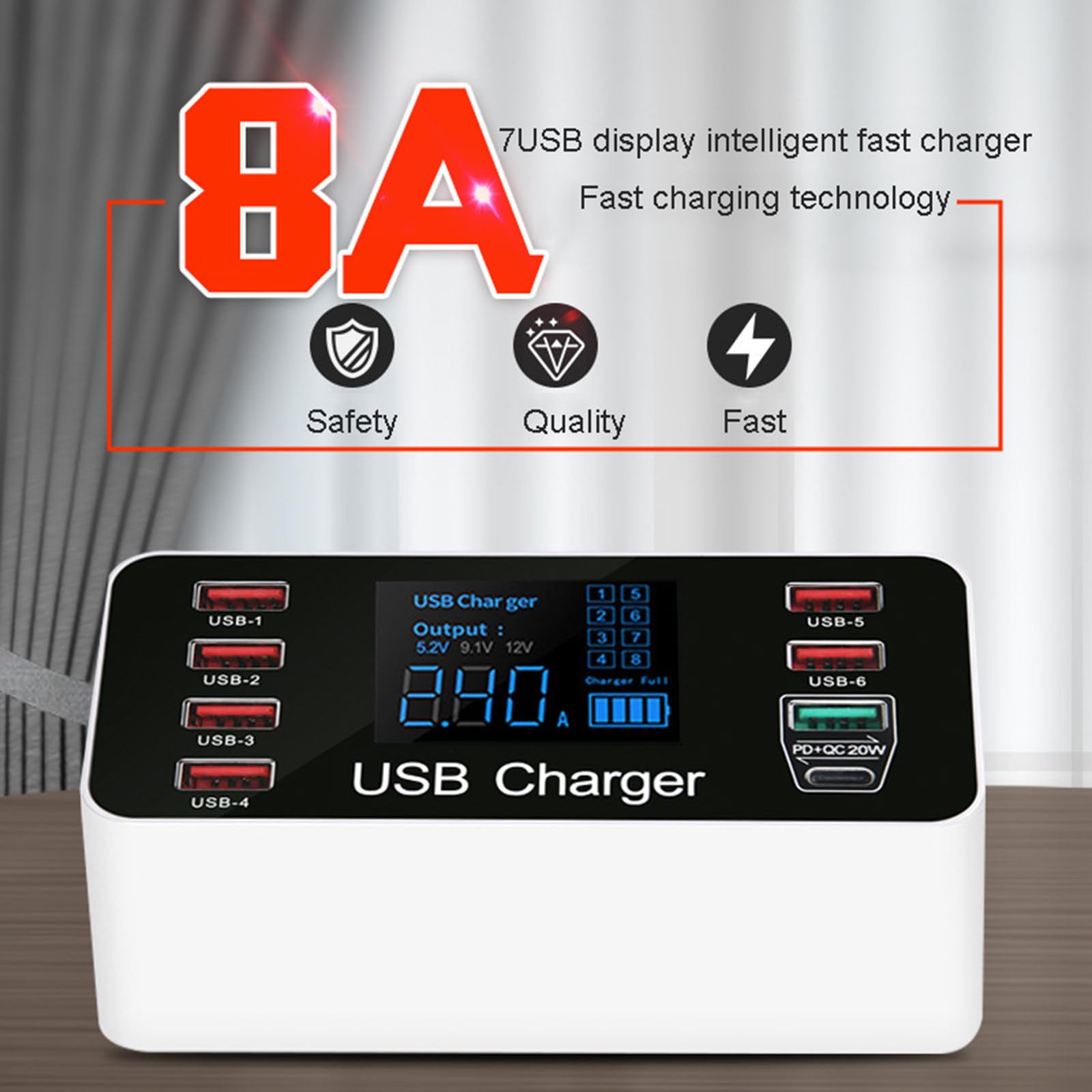 Stazione di ricarica USB per caricabatterie multiplo USB da 40 W, hub per caricabatterie USB multiporta con display Alimentatore USB compatibile con telefoni iOS e Android