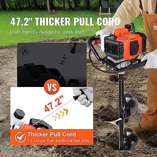 Image of VEVOR Post Hole Digger,52cc 1450W Auger Digger,Gas Powered Earth Digger with Two Drill Bit 6''& 10''and 3 Extension Rods,for Farmland,Garden and Plant,EPA Certification,Black+Orange+White