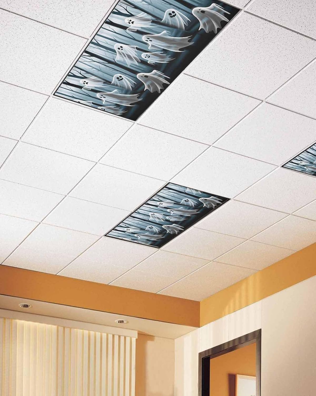 Light Covers for Ceiling Lights Classroom Halloween Ghost Spooky Forest Magnetic Light Filters 4 Pack 4x2 ft Creepy Trees Black Ceiling Light Cover for Classroom Office School Home Drop Lamp Decor