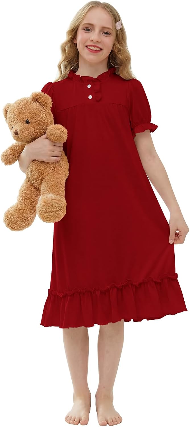 rrhss Girls Puff Short Sleeve Nightgowns Kids Cute Ruffle Collar Soft Sleepwear Nightshirts 5-14 Years