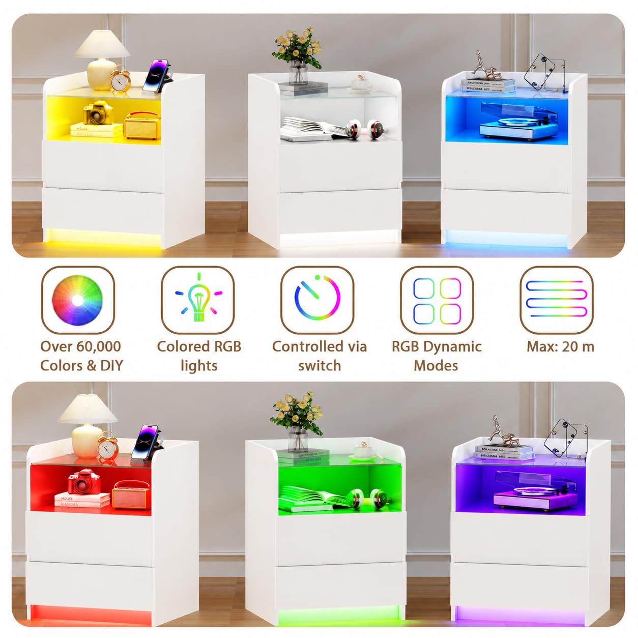 ANWBROAD Nachttisch 2er Set,Nachttisch mit Ladefunktion und LED-Licht, Glasplatte, Nachtschrank mit 2 Schubladen und 1 Offenes Fach, Beistelltisch mit Steckdose und USB-Anschlüssen, Weiß BNS001W