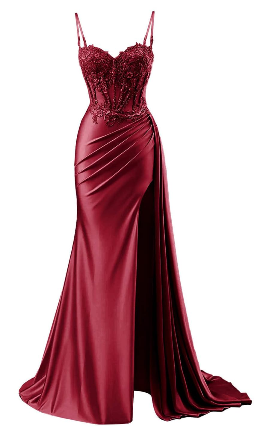 Yiann Women's Burgundy Spaghetti Strap Satin Prom Dresses With Lace Applique Mermaid Long Formal Evening Gown Uk10