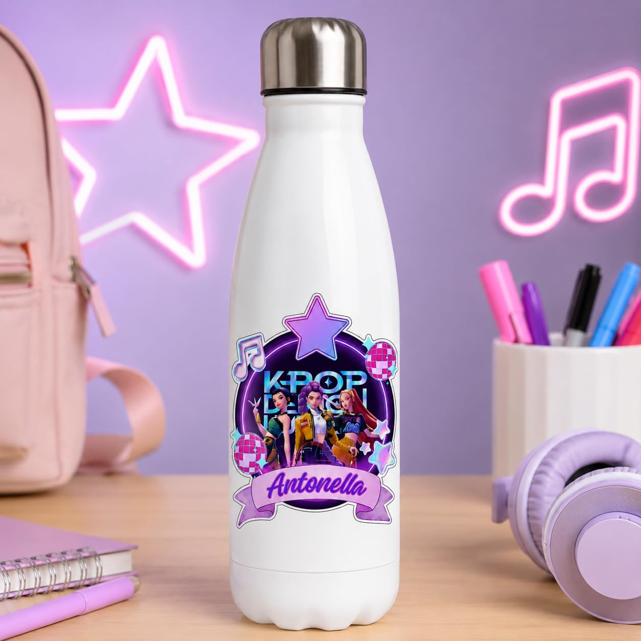 Borraccia Personalizzabile K Pop Dem-on Hunters 500ml In Acciaio Inox Termica - Con Nome Personalizzato - Idea Regalo Per Bambini E Ragazzi