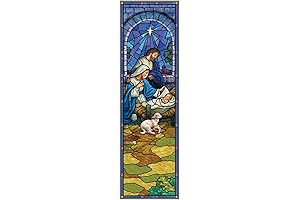 Christmas Stained Glass Design Hanging Polyester Nativity Christmas Banner with Pole Hem, 6 Feet