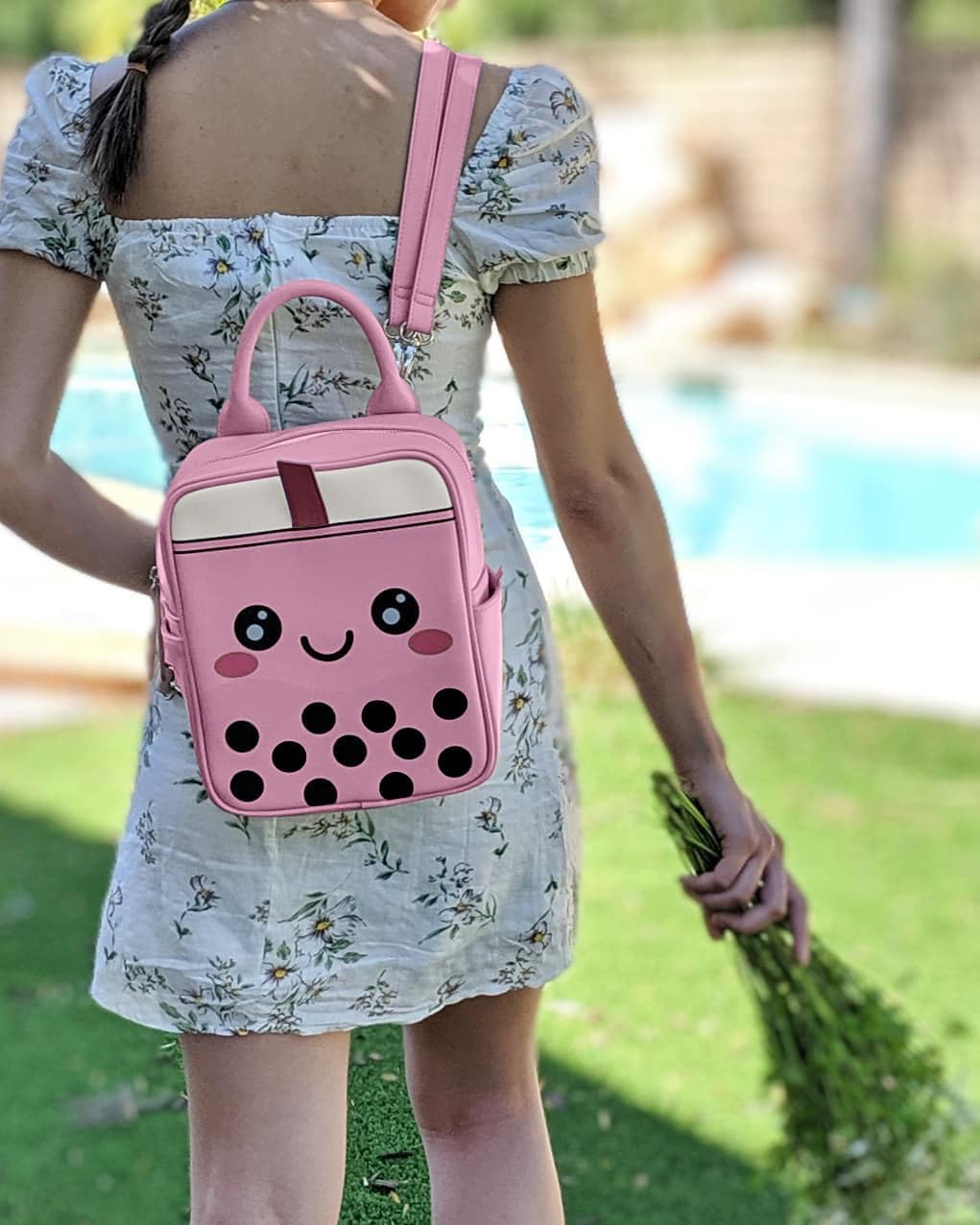Boba Premium Faux-Leather Backpack, Crossbody, or Purse (Pink)