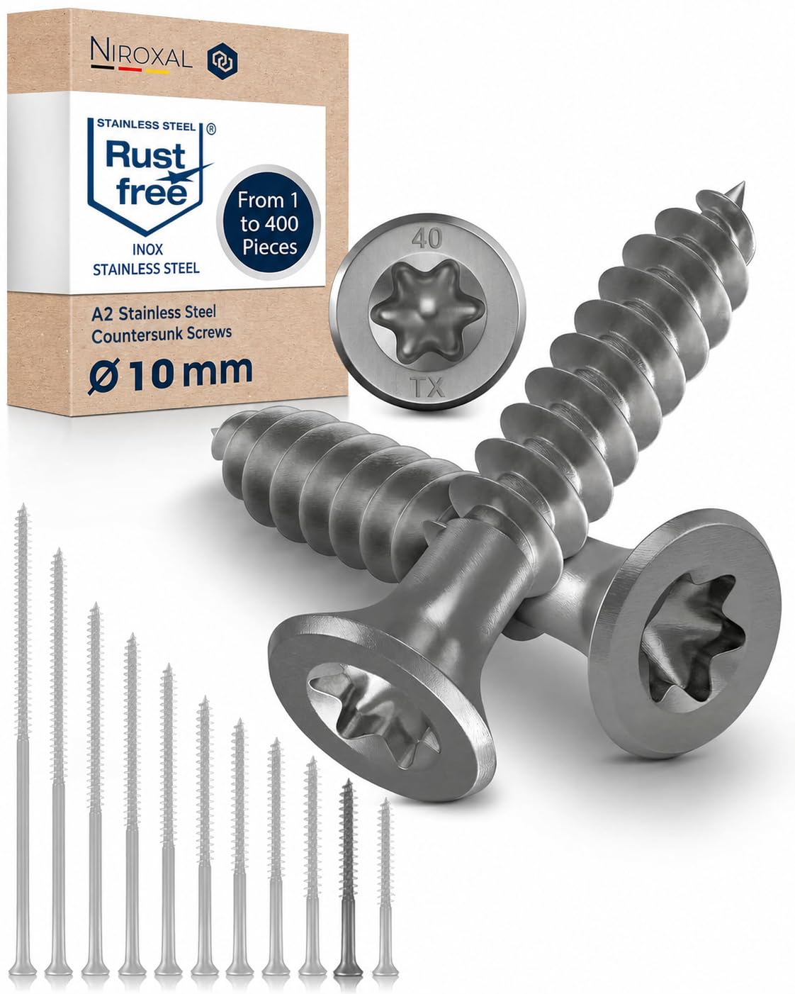 Wood Screws 10 x 80 mm TORX Countersunk Head Stainless Steel 304 Chipboard Screws Timber Screws Partial Thread Rustproof A2 400 Pack — image 1