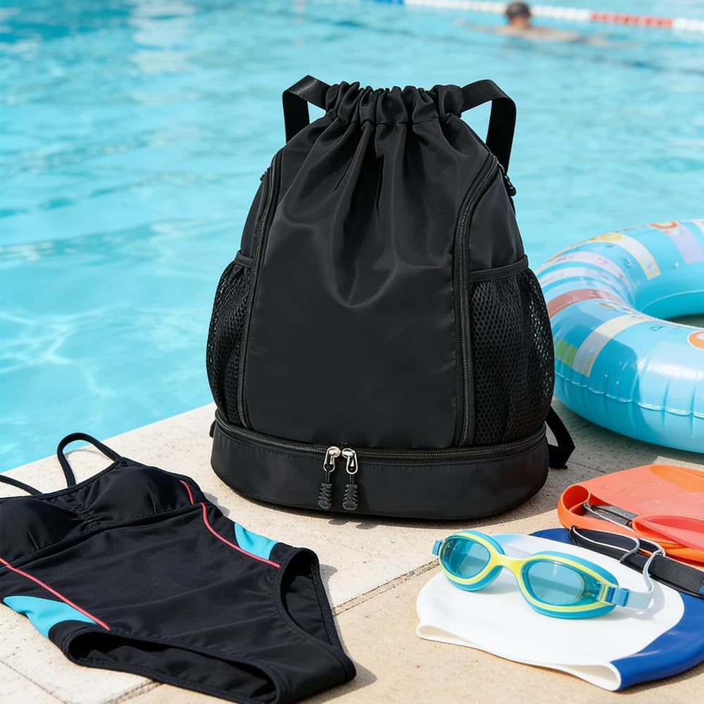 Drawstring Sports Backpack with Shoe Compartment, Nylon Gym Bag, Lightweight Foldable Sackpack for Swimming, Yoga (Black)