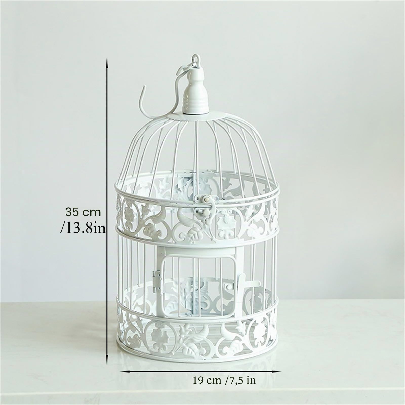 Cage décorative pour oiseaux en fer blanc pour mariages, événements, décoration de la maison, à suspendre avec crochet (35 x 19 cm)