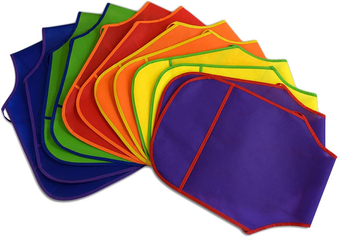 ZENPAC Smocks for Kids - 12 Pack Kids Painting Aprons, Bulk Clothing Protector with Pockets, Disposable Reusable and Washable for Arts & Crafts, DIY, Cooking, Preschool, Toddlers & Children Ages 2-7