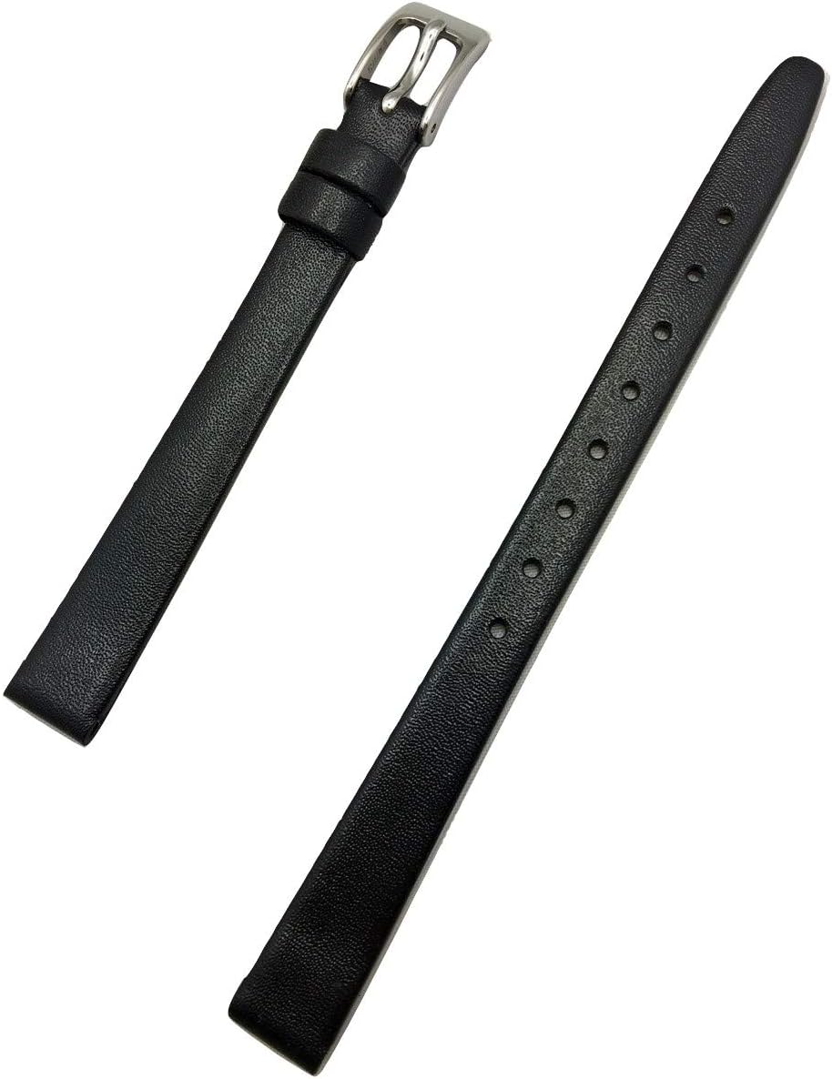 NewLife 10mm Long, Black, Flat, Elegant Calfskin Leather Watchband | Thin, Narrow Genuine Leather Replacement Watchstrap that brings to Any Watch (Womens Long Length)