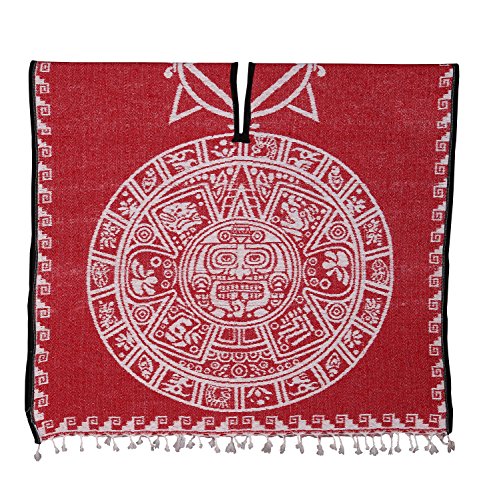 Authentic Mexican Poncho Reversible Cobija Blanket - Aztec Calendar (Red) #TOP1