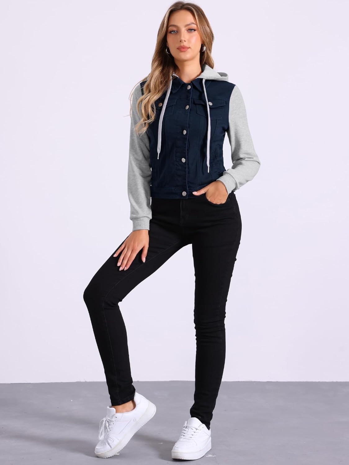 Allegra K Women's Jean Jackets Layered Drawstring Hood Denim Jacket with Pockets - Image 2