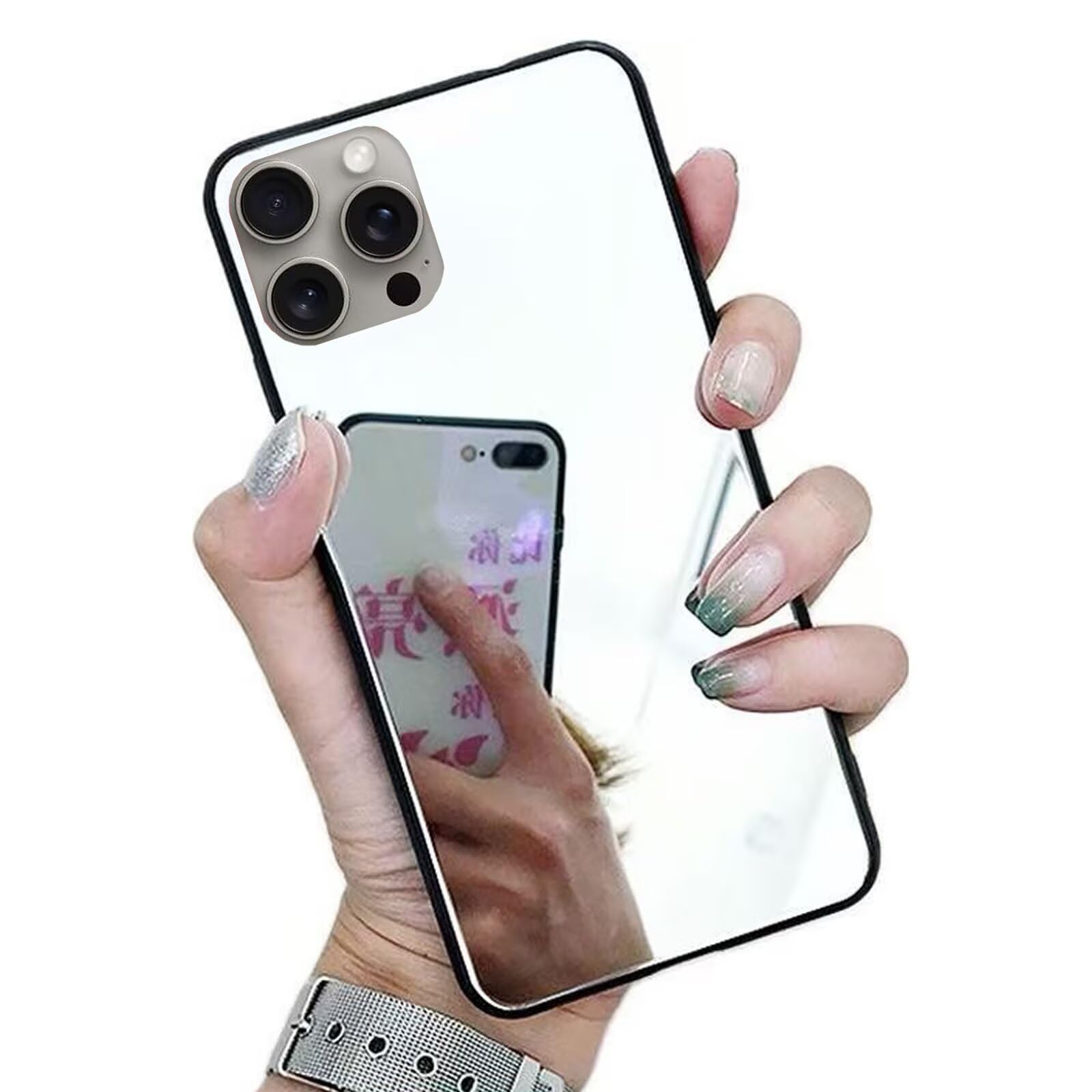 Black Frame Mirror Case for iPhone 15 Pro,Makeup Mirror Effect Bright Reflection Hard Back Bumper Rubber Phone Cover for Girls Women