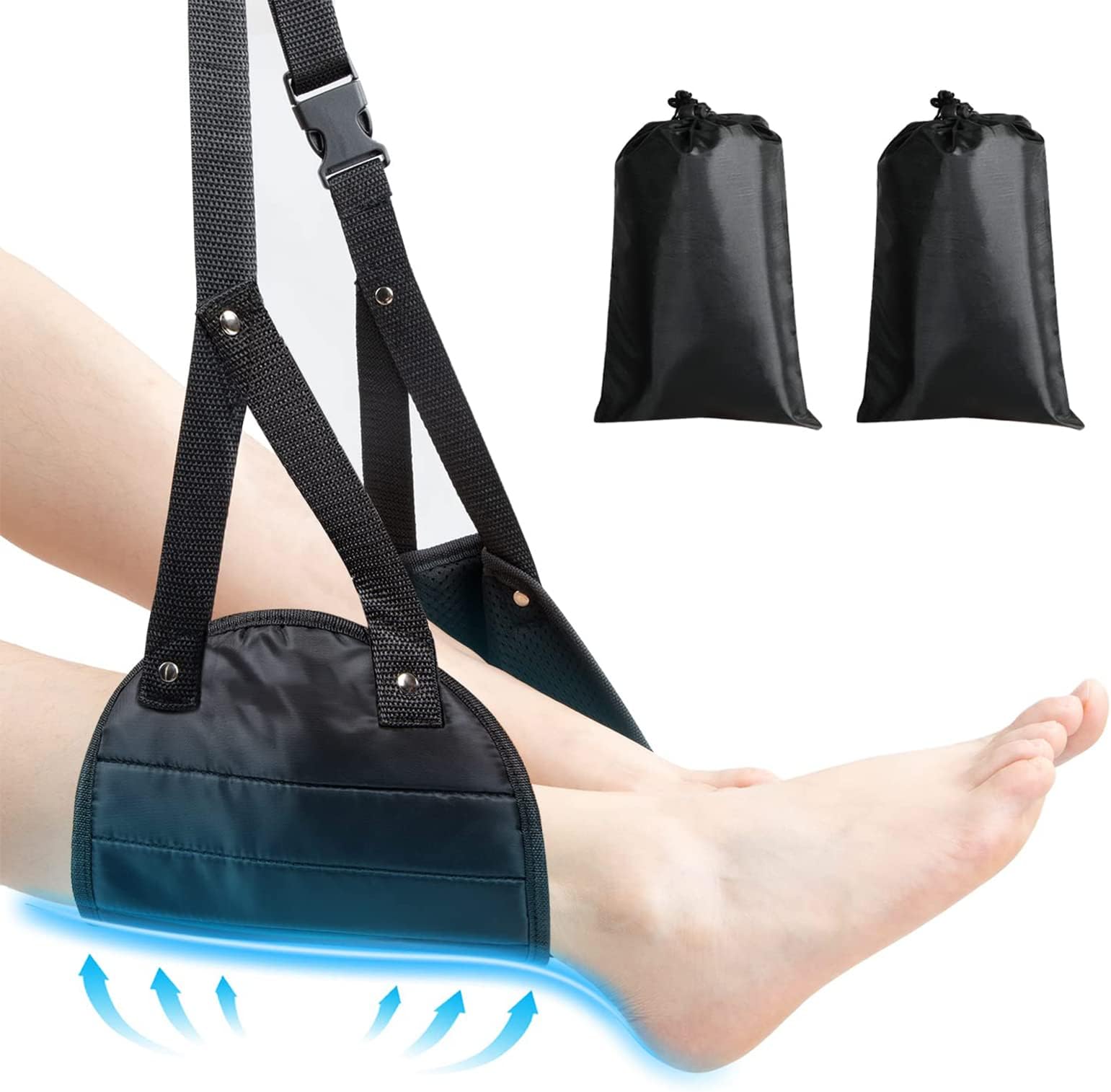Airplane Footrest, 2 Pcs Portable Travel Footrest Flight Carry-On Foot Rest Adjustable Height Foot Rest Travel Accessories Footrests Hammock, Black