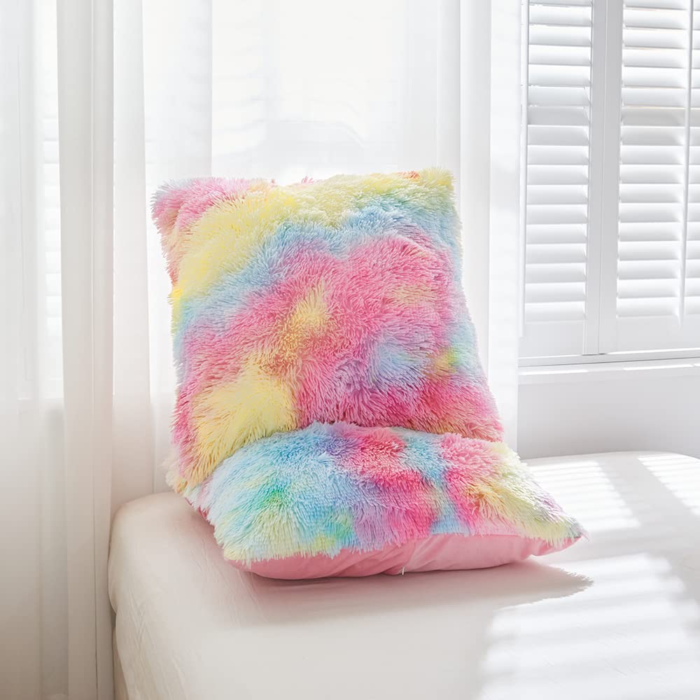 Winter Plüsch Bettwäsche 135x200 Regenbogen Bunt Plüsch Langhaar Bettbezug Set Weich Kuschelig Flauschige Bettwäsche 2 Teilig für Kinder Mädchen mit Reißverschluss und 80x80 cm Kissenbezug
