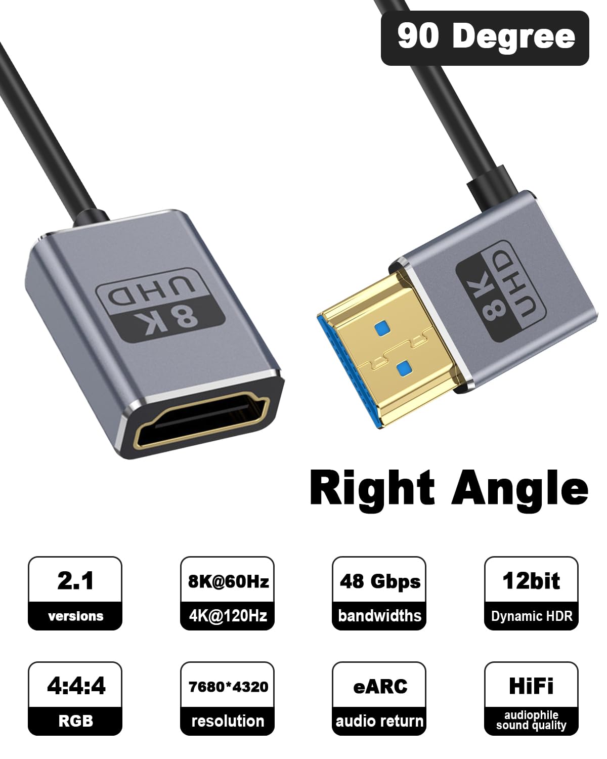 Duttek 8K Right Angle HDMI Cable, HDMI Female to Male Cable, 48Gbps Ultra Thin HDMI Cord OD2.5mm, Support 8K@60Hz, 4K@240Hz - Image 2