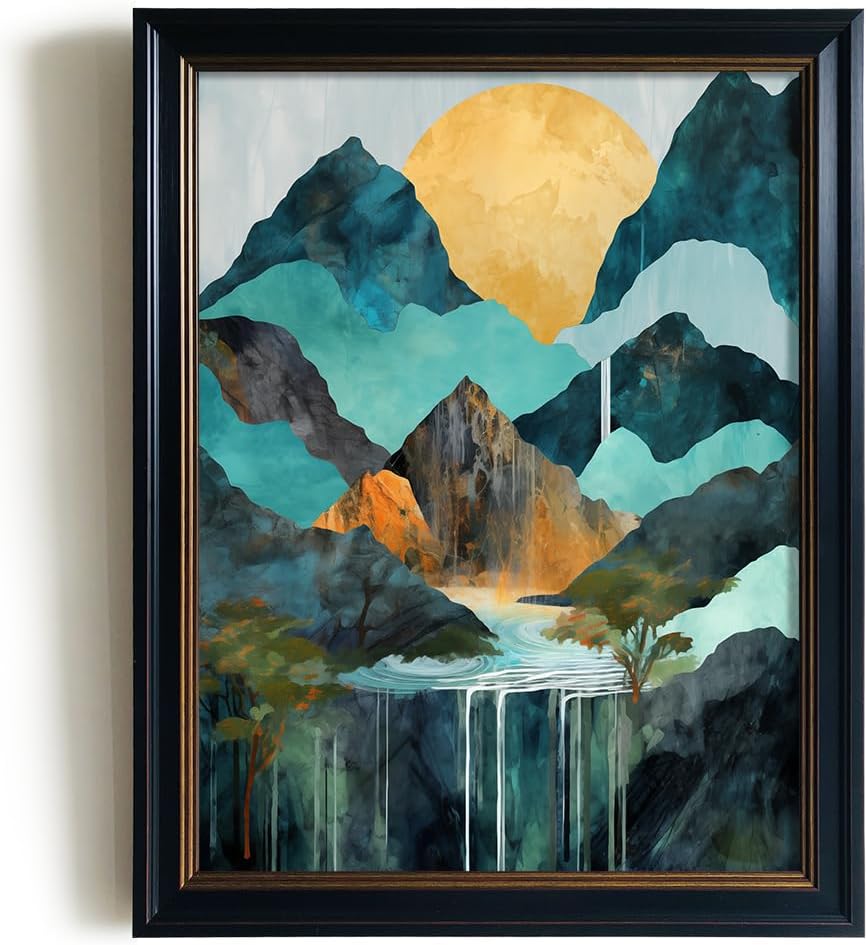 YUMKNOW Boho Modern Abstract Nature Wall Art | 12x16 Textured Poster Art Print - Mountain Sun Full Moon Picture - Surreal Waterfall Mirage Lake Decor - Green Peak Tree landscape - Living Bath Office
