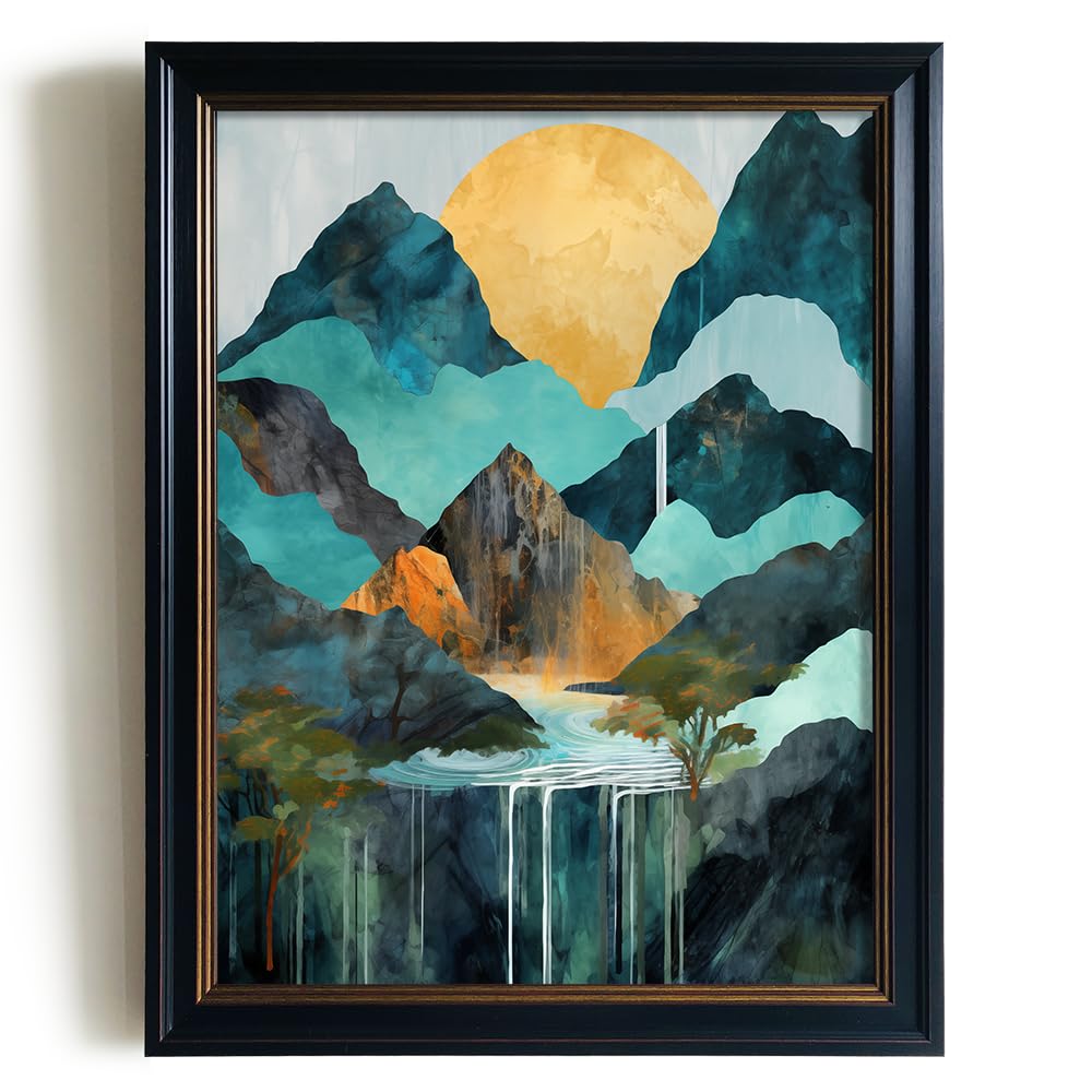 YUMKNOW Boho Modern Abstract Nature Wall Art | 12x16 Textured Poster Art Print - Mountain Sun Full Moon Picture - Surreal Waterfall Mirage Lake Decor - Green Peak Tree landscape - Living Bath Office