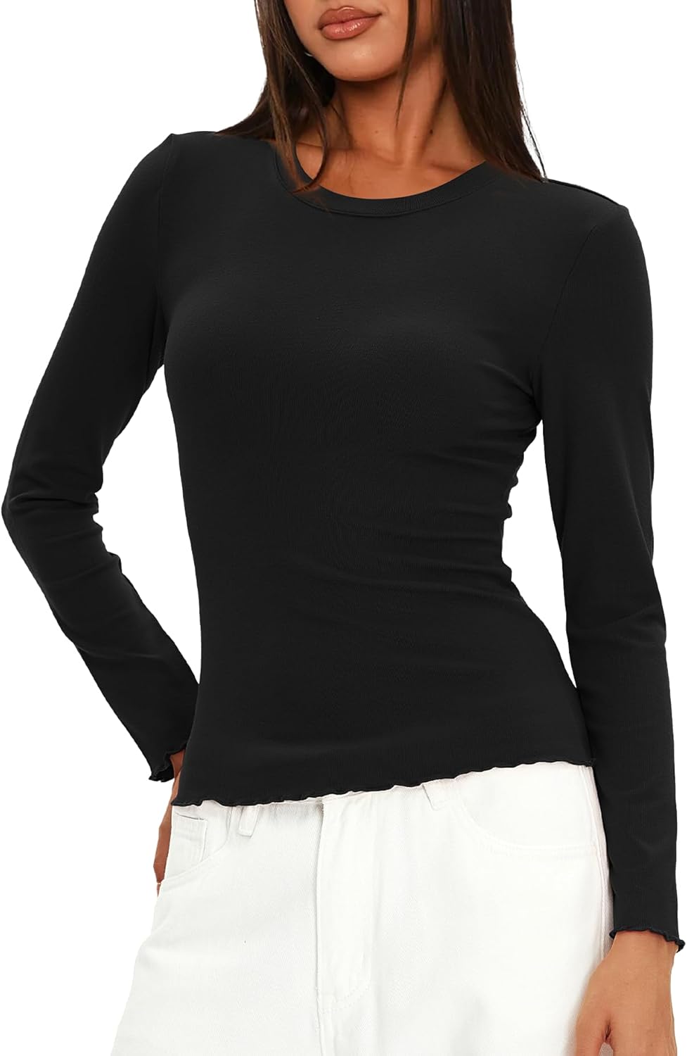 Darong Women Long Sleeve Shirts Slim Fit Tops Basic Tee 2026 Cute Lettuce Trim Undershirt Going Out Layer Clothes - Image 3