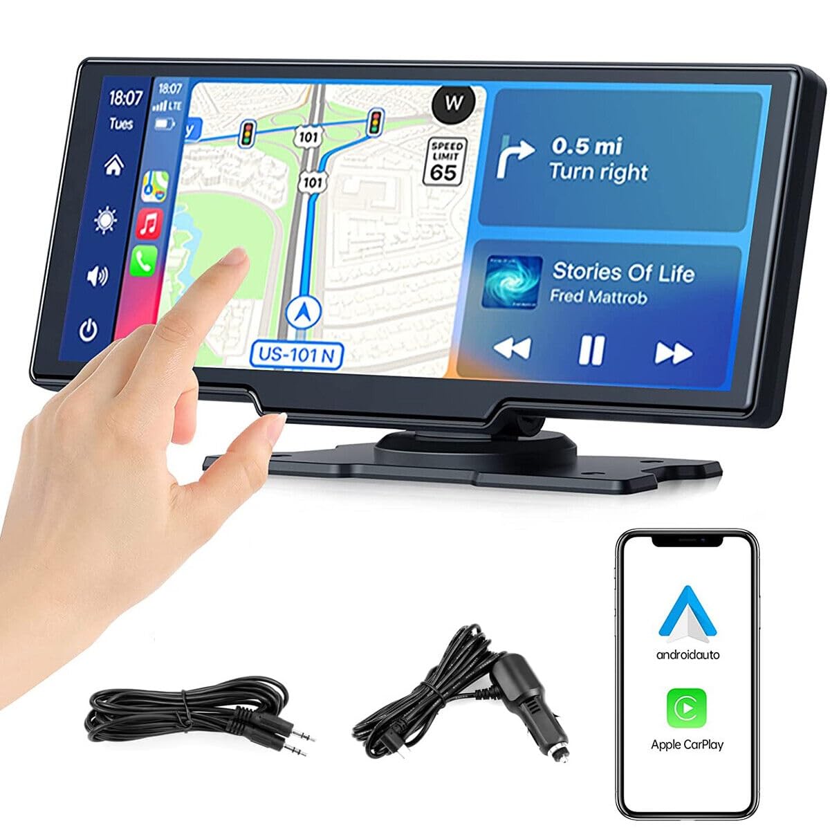 RoadMap World's First *Dual BlueTooth With Car Logo* Portable Wireless Carplay/Android Auto Display - 10.26" HD IPS Touch Screen, Mobile Mirroring, Play Video files (Universal)