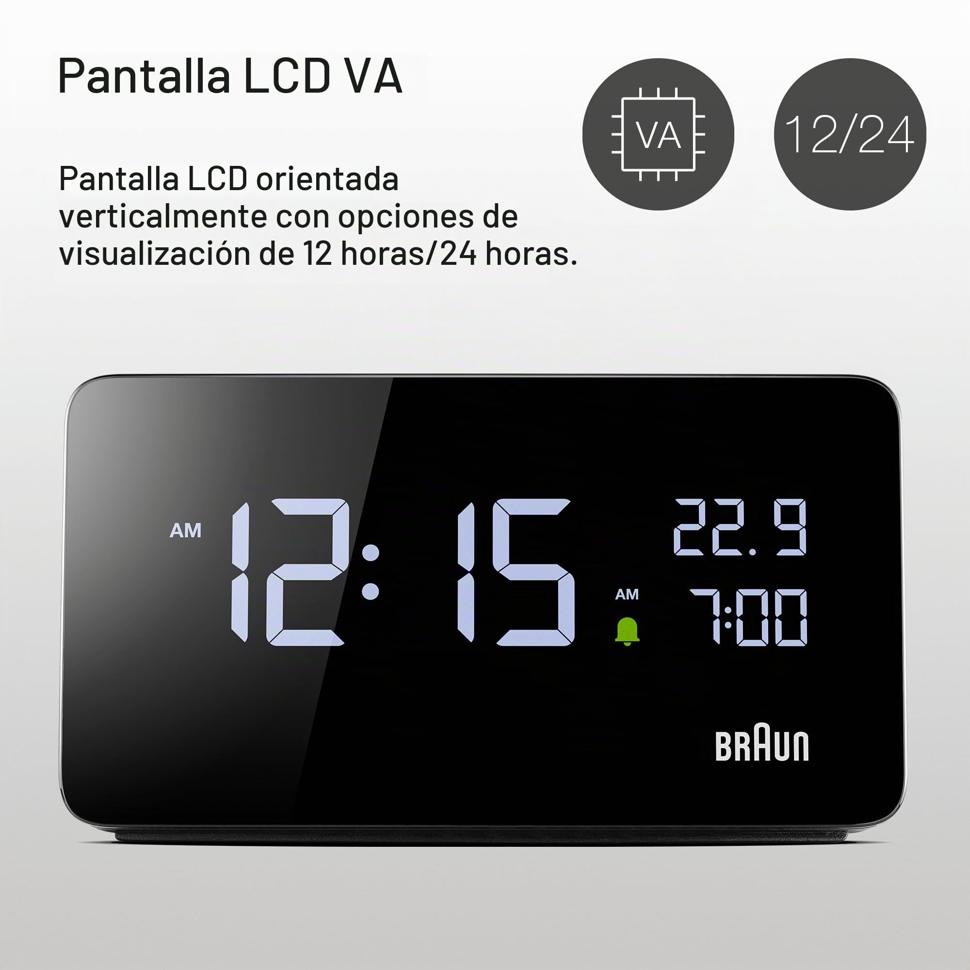 Braun Reloj Despertador Digital Pantalla LCD, 2 Puertos USB-C para Cargar Otros Dispositivos, visualización de Fecha y Hora, repetición táctil, configuración rápida, en Negro, Modelo BC20B.