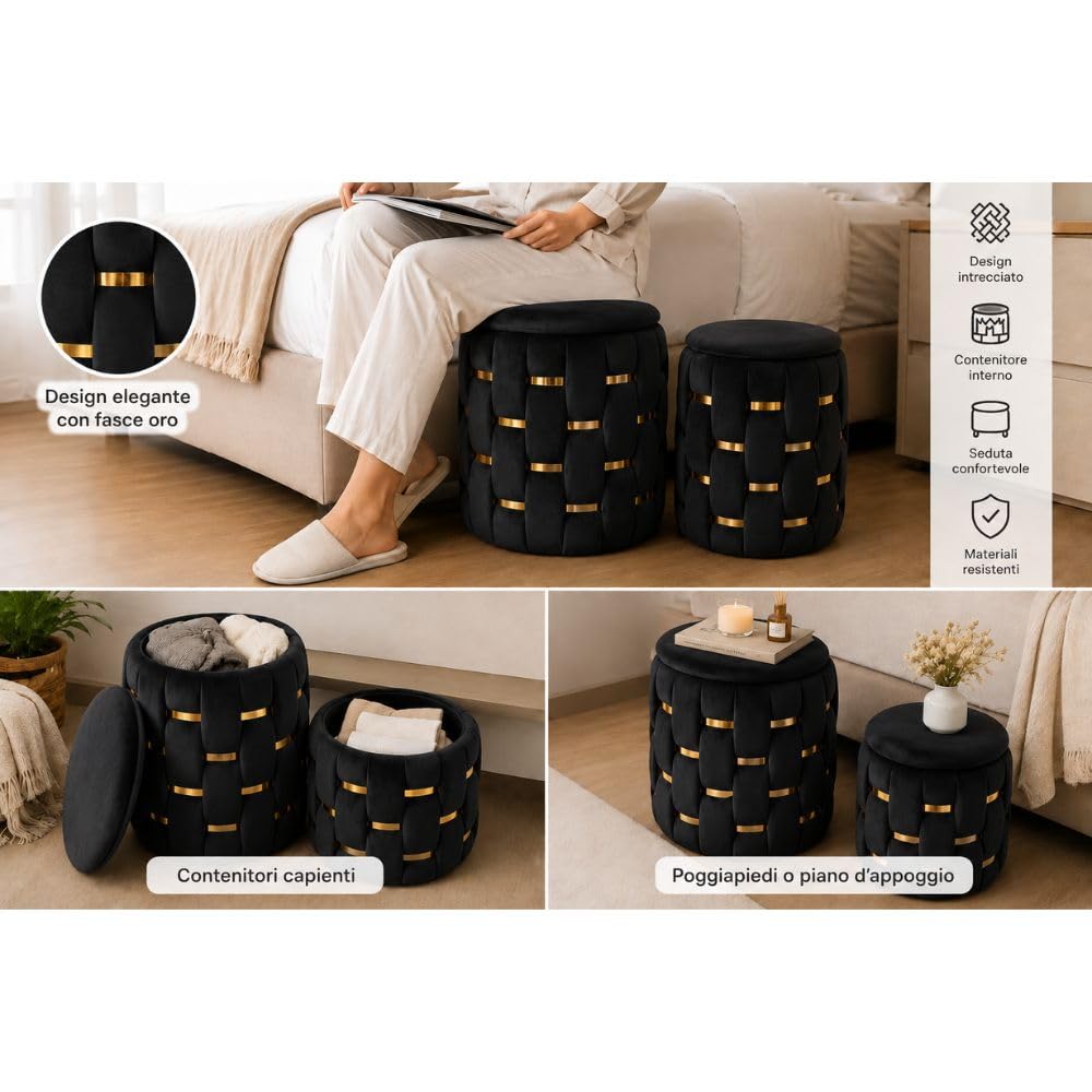 Set 2 Pouf Contenitore in Velluto con Fasce Oro – Pouf Rotondi Design Intrecciato con Coperchio – Seduta Imbottita Salvaspazio per Camera, Salotto e Ingresso (Nero)