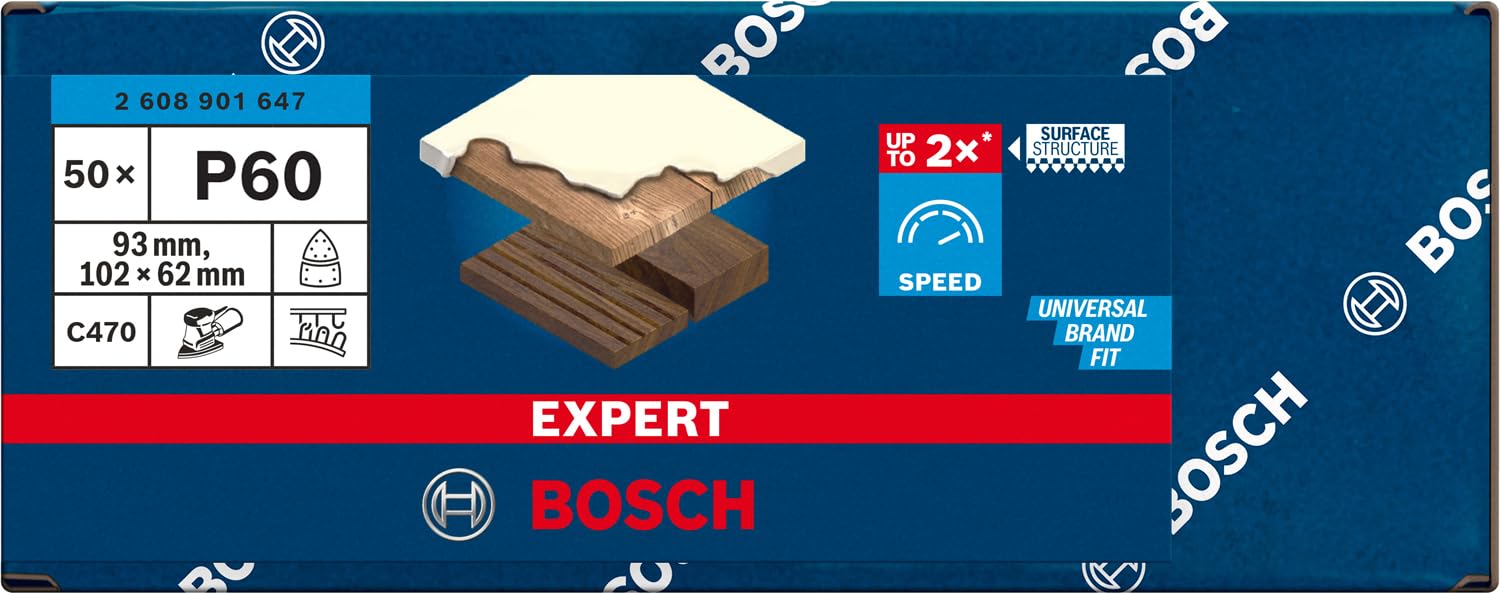 Bosch Accessories 2608901647 papier ścierny do szlifierek wielofunkcyjnych, ziarnistość 60 (dł. x szer.) 93 mm x 102 mm, 50 szt.