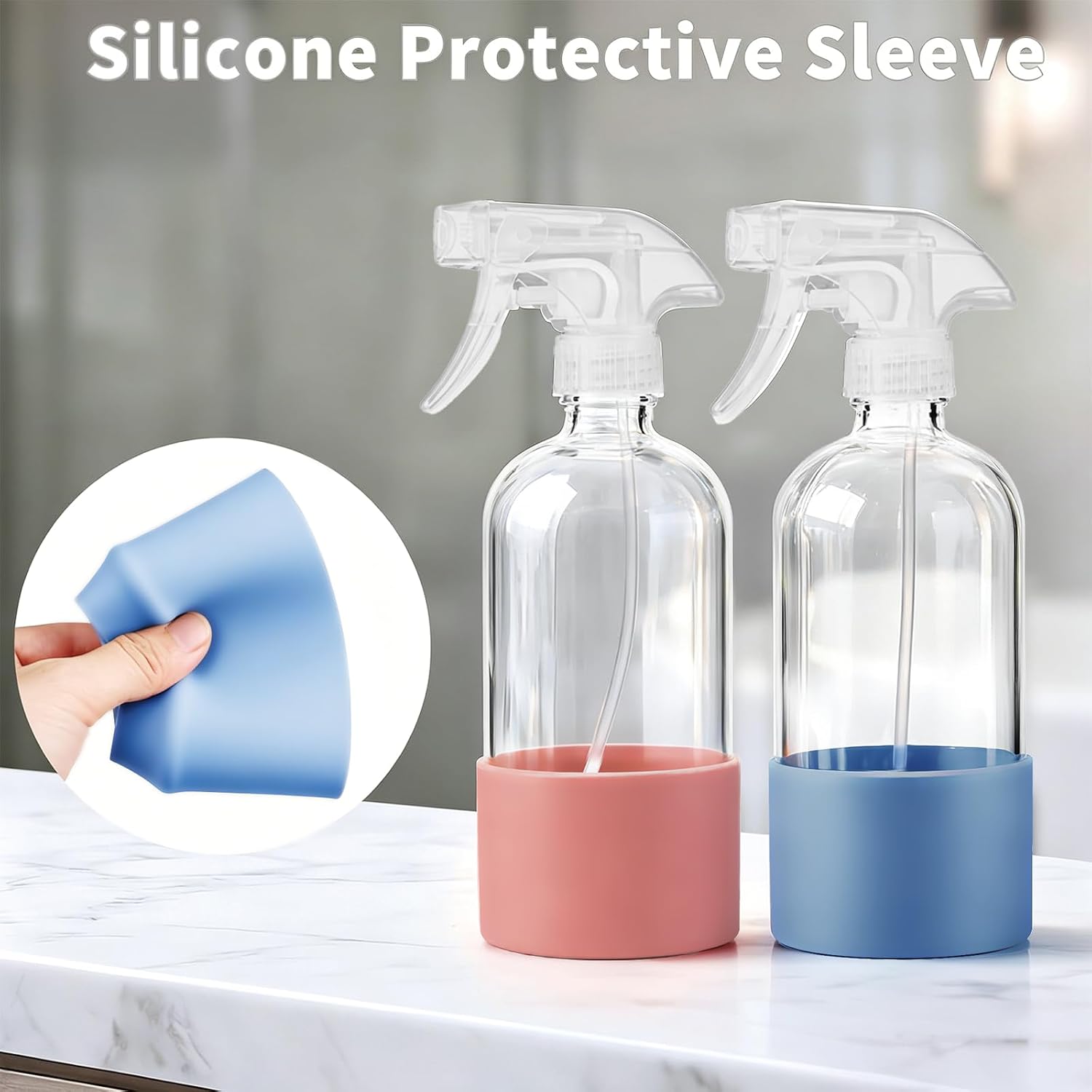 Glass Spray Bottles (2-Pack) with Silicone Sleeve - 16oz Empty Refillable Bottles - Adjustable Nozzle for Hair, Plants, Cleaning & DIY Solutions - Blue & Grey (pink+Blue)