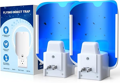 Flying Insect Trap, 2 Packs Fruit Fly Trap Plug in Bug Catcher, Bug Light Trap Indoor Fly Trap for Home Mosquito Indoor Killer, Light Attract & Safer Sticky Trap with 3 Refills, Off-White