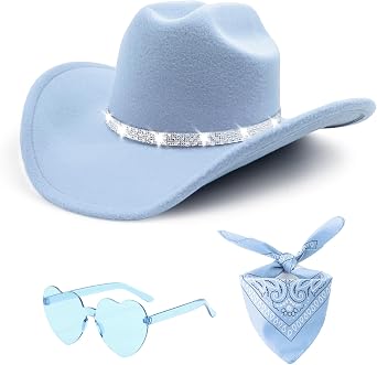 3Pcs Rhinestone Cowboy Hat for Women with Bandana, Heart Sunglasses set, Wide Brim Cowgirl Hat for Western Disco Party