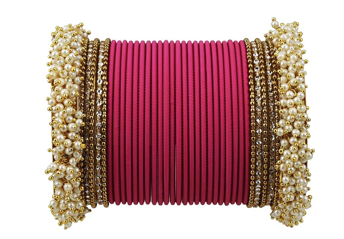 T4 Jewels Stylish 18k Gold Plated Single Hand Pearl Studded Beautiful Metal Bangle Set For Women & Girls_Dark Pink_2.8 (B0BF1DGZDW) Amazon Price History, Amazon Price Tracker