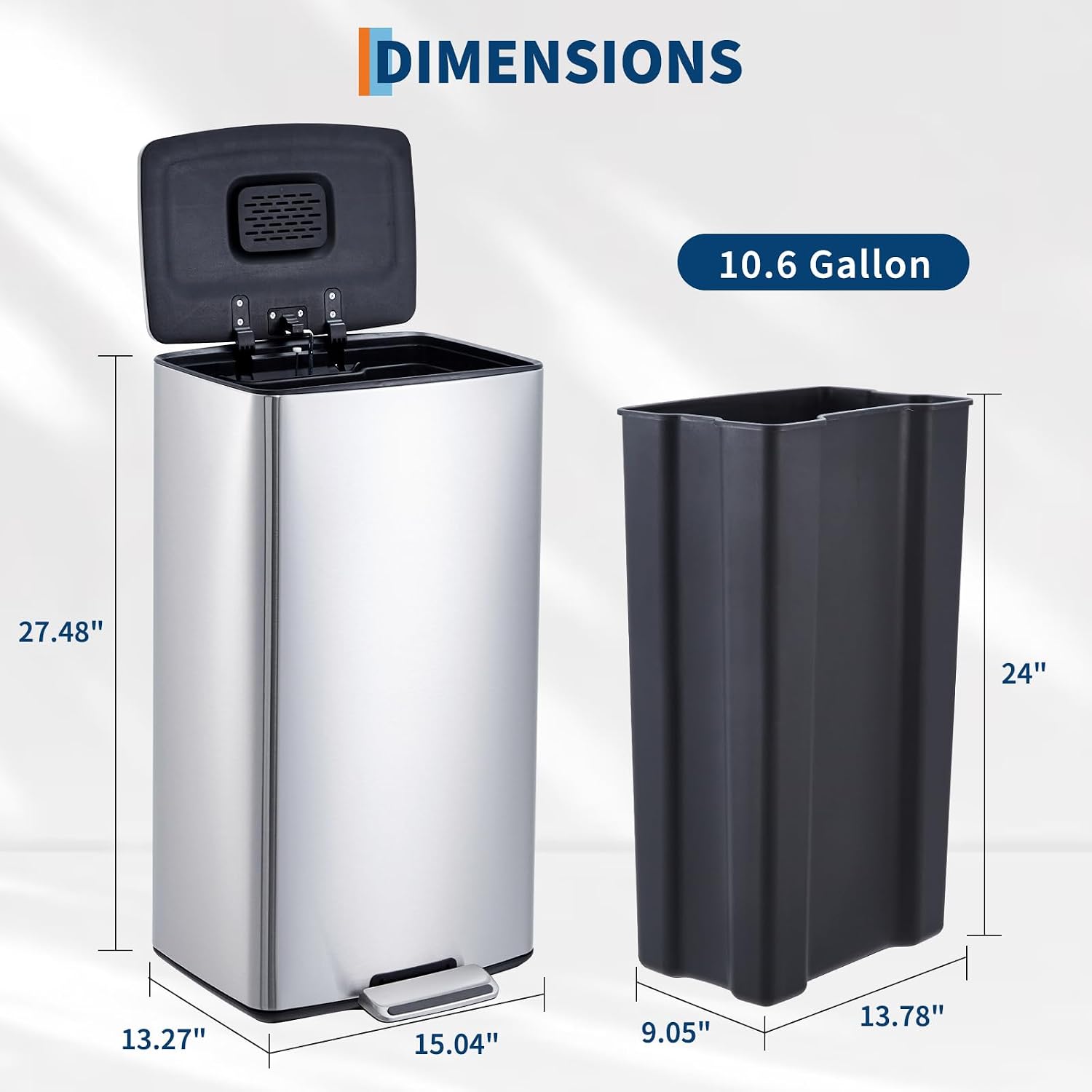 40L / 10.6 Gal Kitchen Trash Can with Soft Close Lid, Stainless Steel Garbage Can with Odor Filter and Foldable Foot Pedal, Rectangular Waste Bin with Removable Inner Bucket for Bathroom Home Office