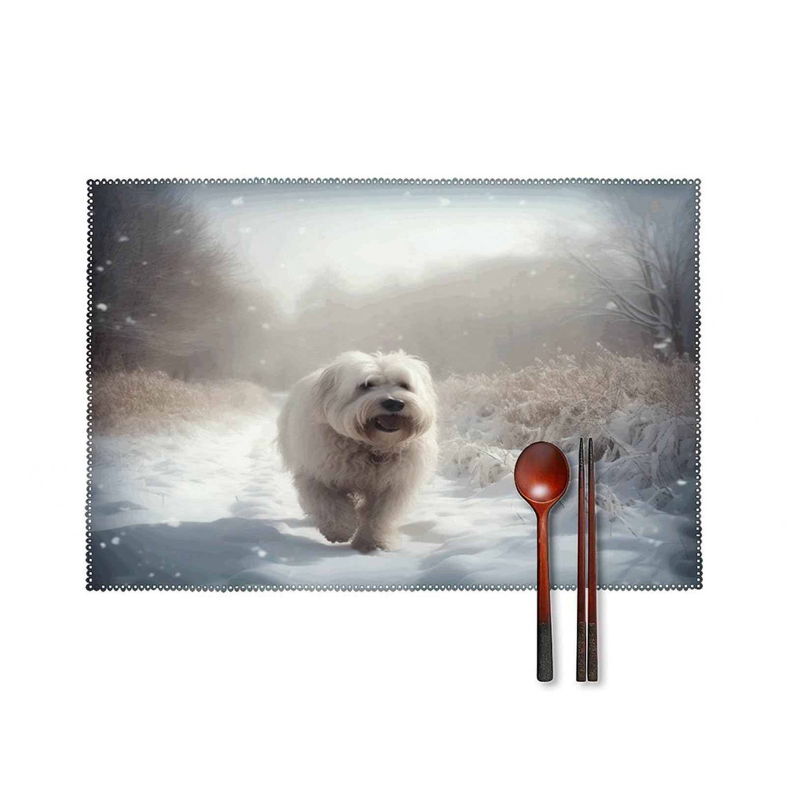 Puppy in Snow Placemats Set of 4 Heat Resistant Non-Slip Place Mats for Dining Table Washable Placemat Wipeable Dining Table Mat Canvas Place Mats Dining Table Decor