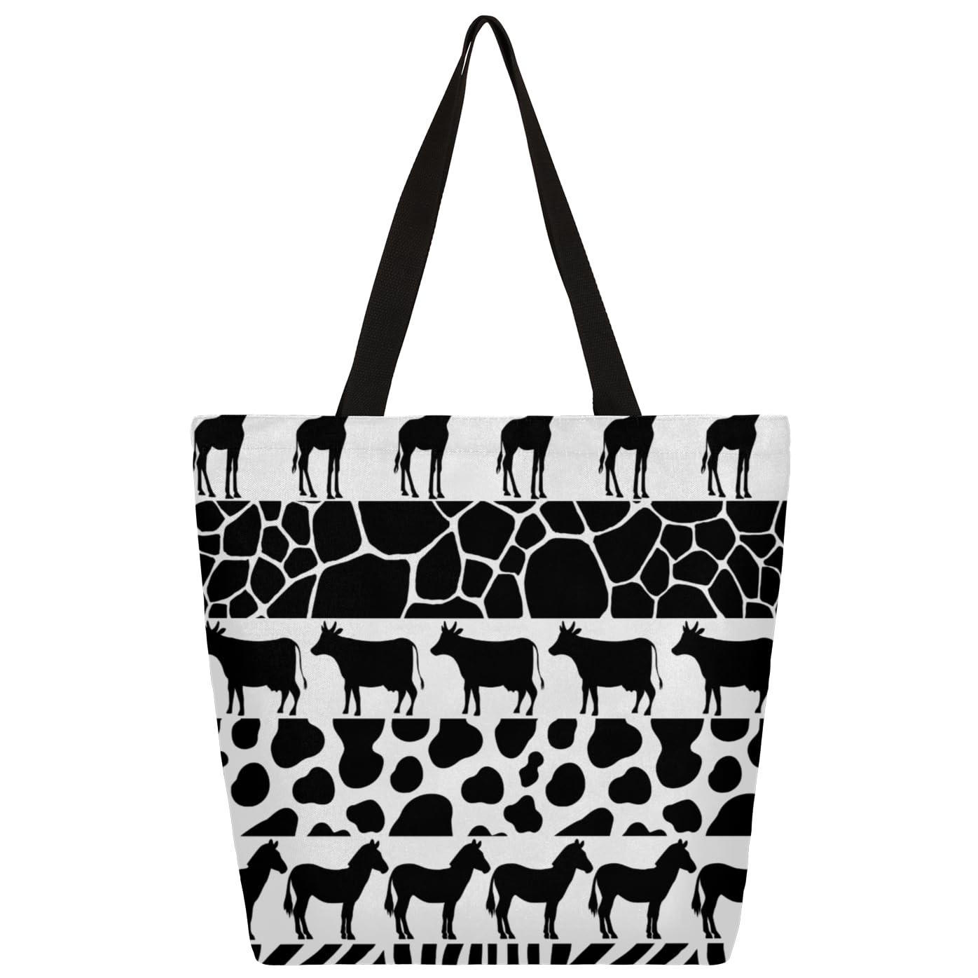 Mularoka Giraffe Cow Horse Silhouette Print Large Capacity Canvas Tote Bag Stylish Handheld Shoulder Bag Reusable Shopping Bag for Work Travel Beach Trips Shopping
