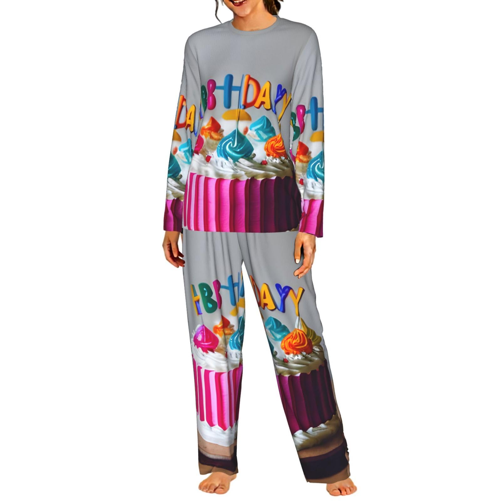 Happy Birthday Cake Stampa Donne Manica Lunga Pigiama Abbinamento Quotidiano Confortevole Loungewear Abiti Da Notte