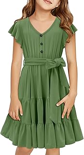 Girls Short Sleeve Dress V Neck Button Ruffle Hem Dresses with Belt - Buy now